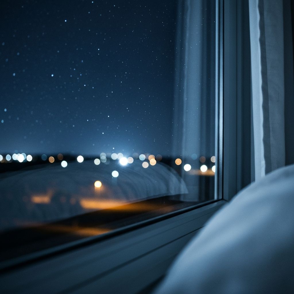 Night sky through bedroom window pane with bokeh lights