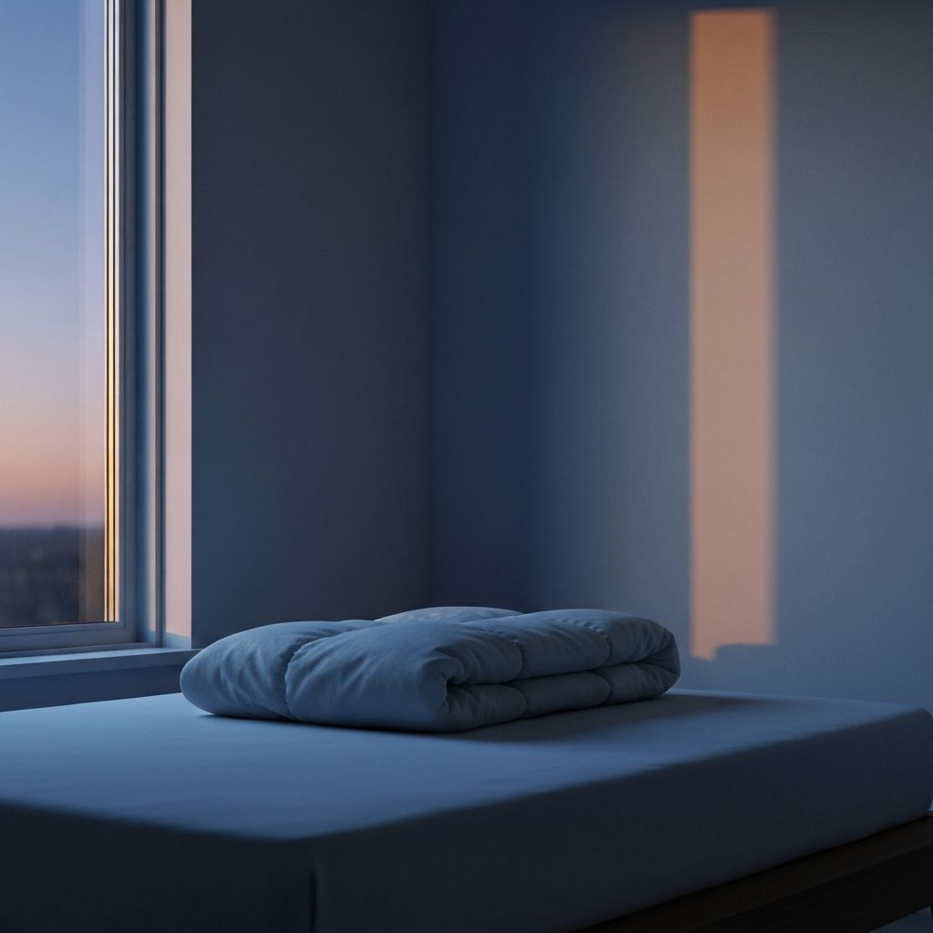 Calm bedroom corner with folded duvet in moonlight